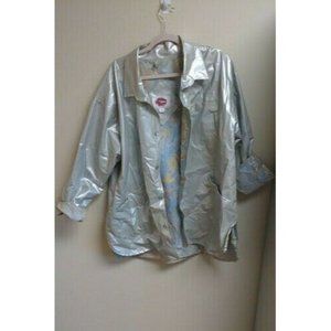 Vintage 80s SILVER RAINCOAT Sz M Wippette Kenn Sporn Jacket Vinyl Glossy Cosplay